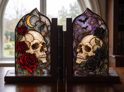 Detail view of the gothic skull stained glass artwork
