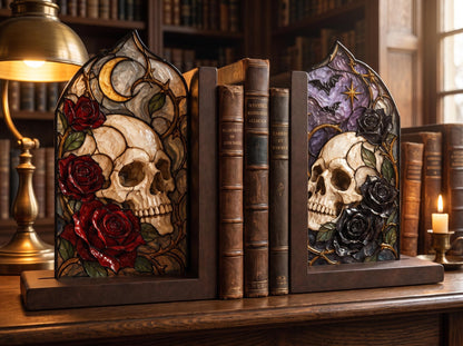 Angled view of the gothic skull glass artwork