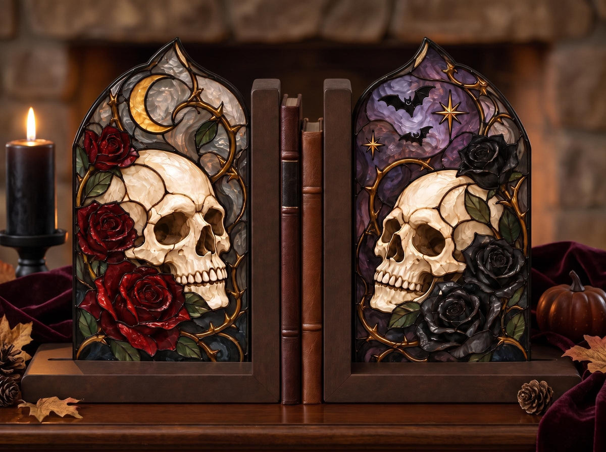 Gothic Skull glass bookend set near a bright window