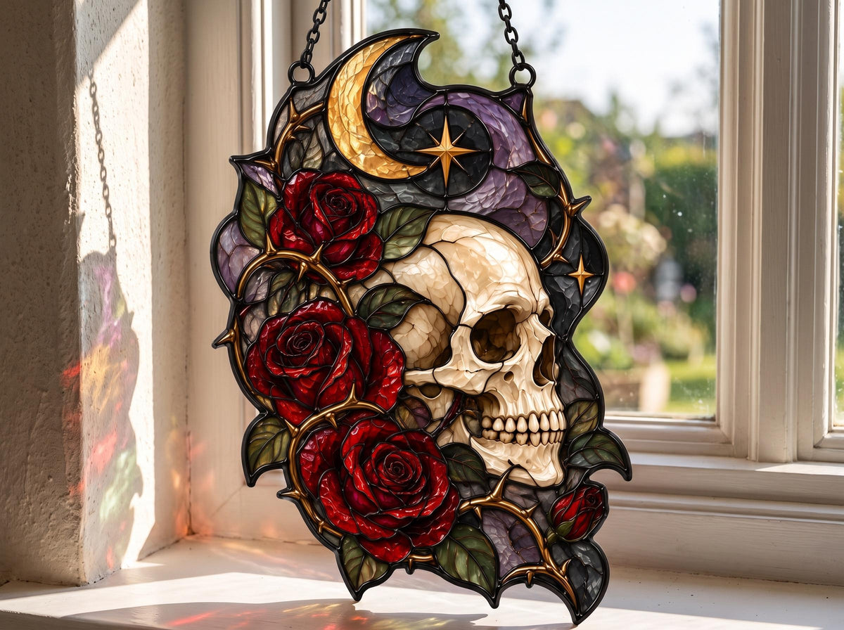 Front view of the gothic skull stained glass hanging suncatcher