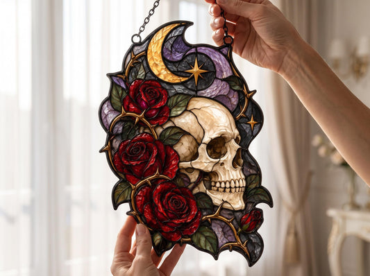 Gothic Skull Stained Glass Suncatcher displayed in natural light