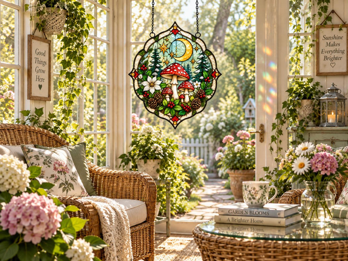 Mushroom Forest glass hanging suncatcher near a bright window