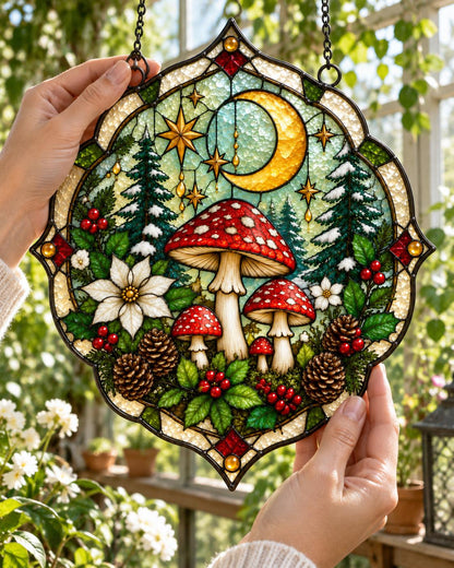 Mushroom Forest Stained Glass Suncatcher displayed in natural light