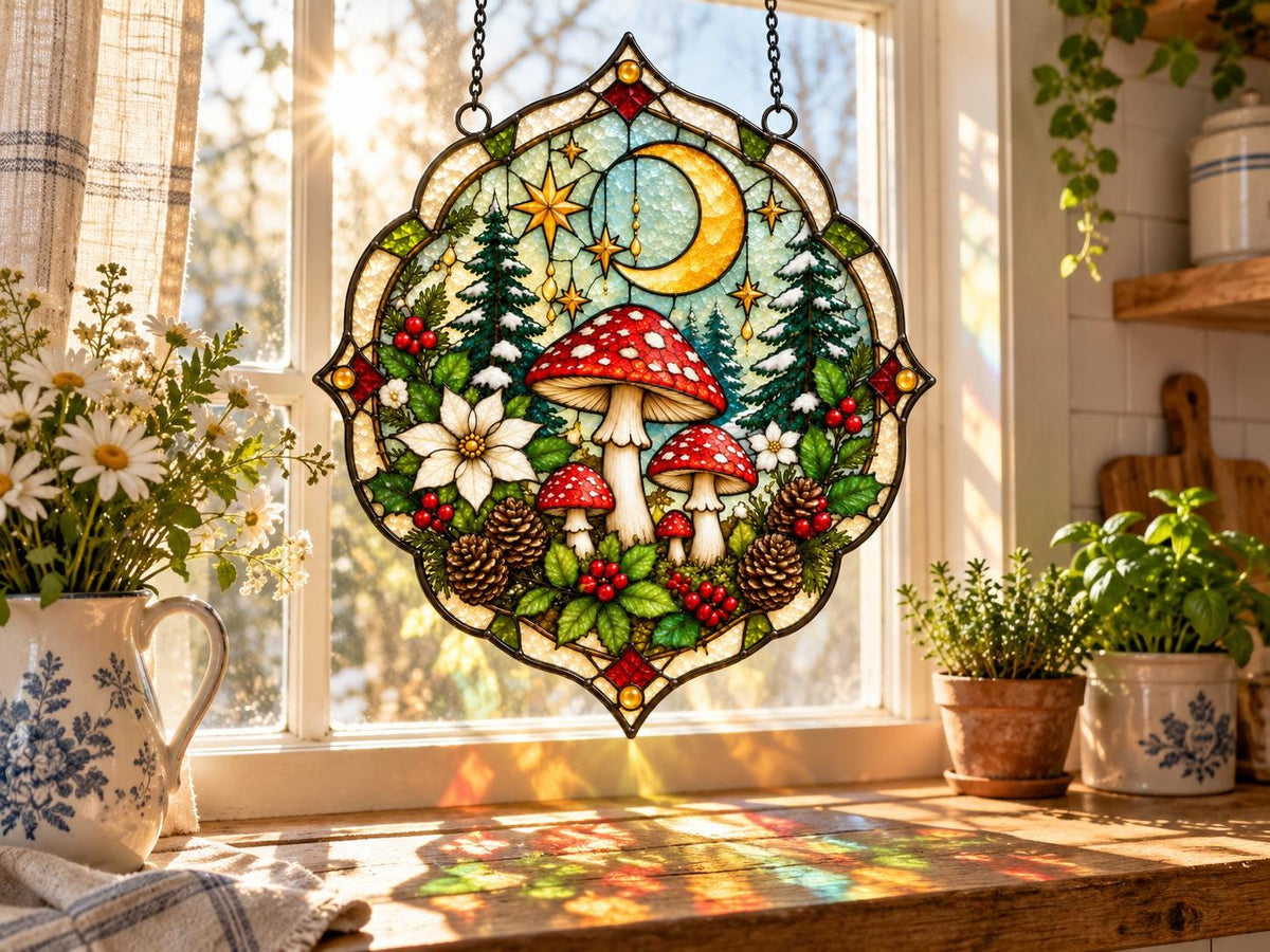 Mushroom Forest Stained Glass Suncatcher