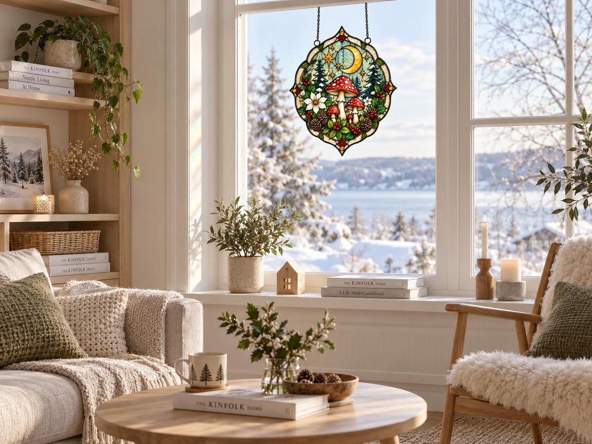 Mushroom Forest hanging suncatcher arranged for indoor display