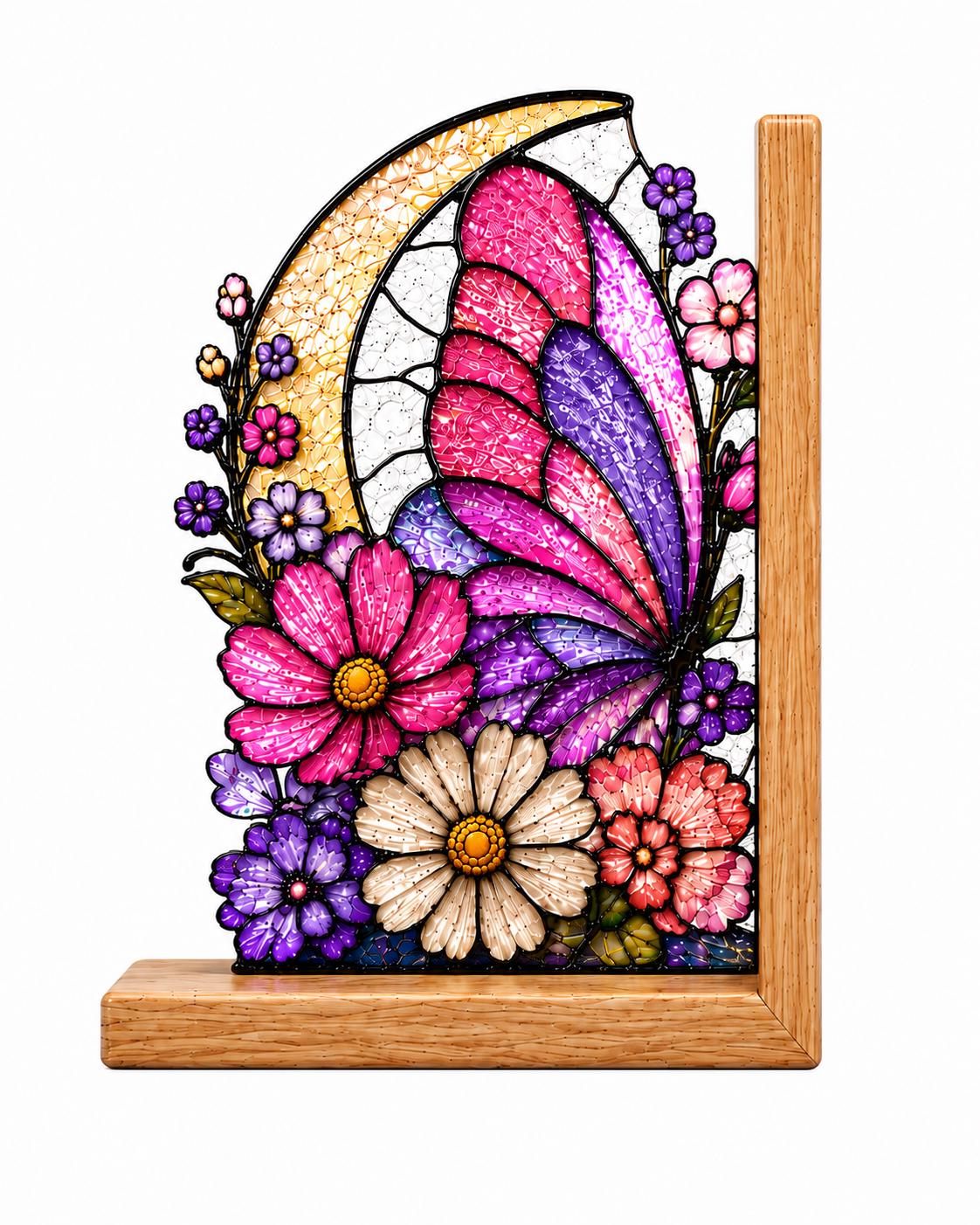 Close view showing color and texture in the pink floral moon butterfly design