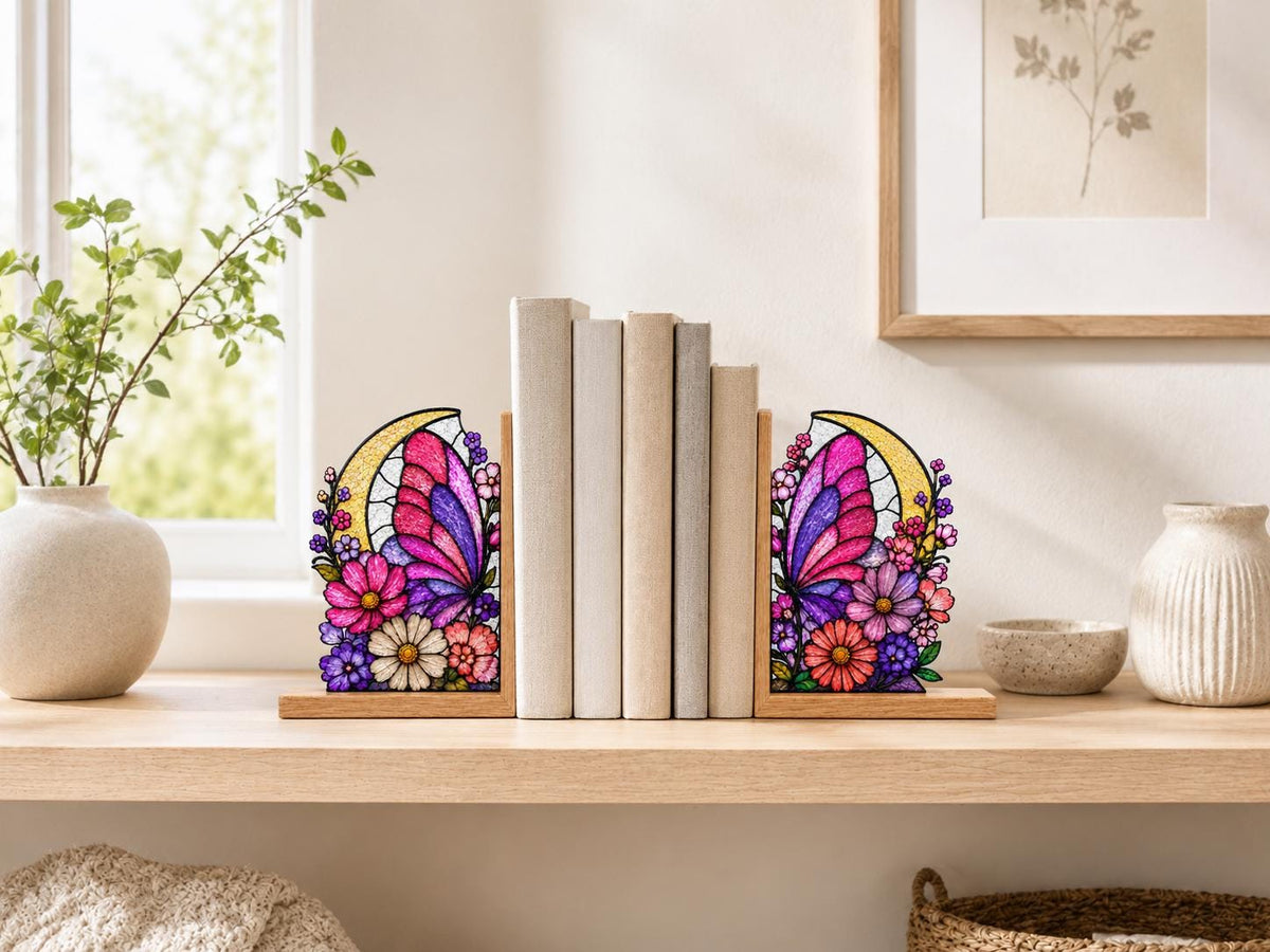 Pink Floral Moon Butterfly stained glass bookend set in a styled home interior