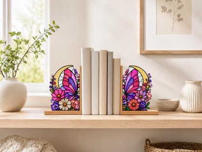 Pink Floral Moon Butterfly stained glass bookend set in a styled home interior