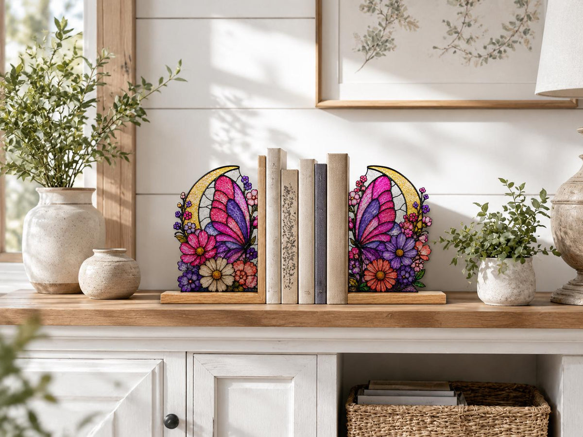 Pink Floral Moon Butterfly Stained Glass Bookends with Wood Bases displayed in natural light