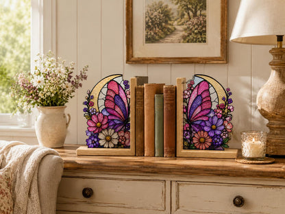 Front view of the pink floral moon butterfly stained glass bookend set