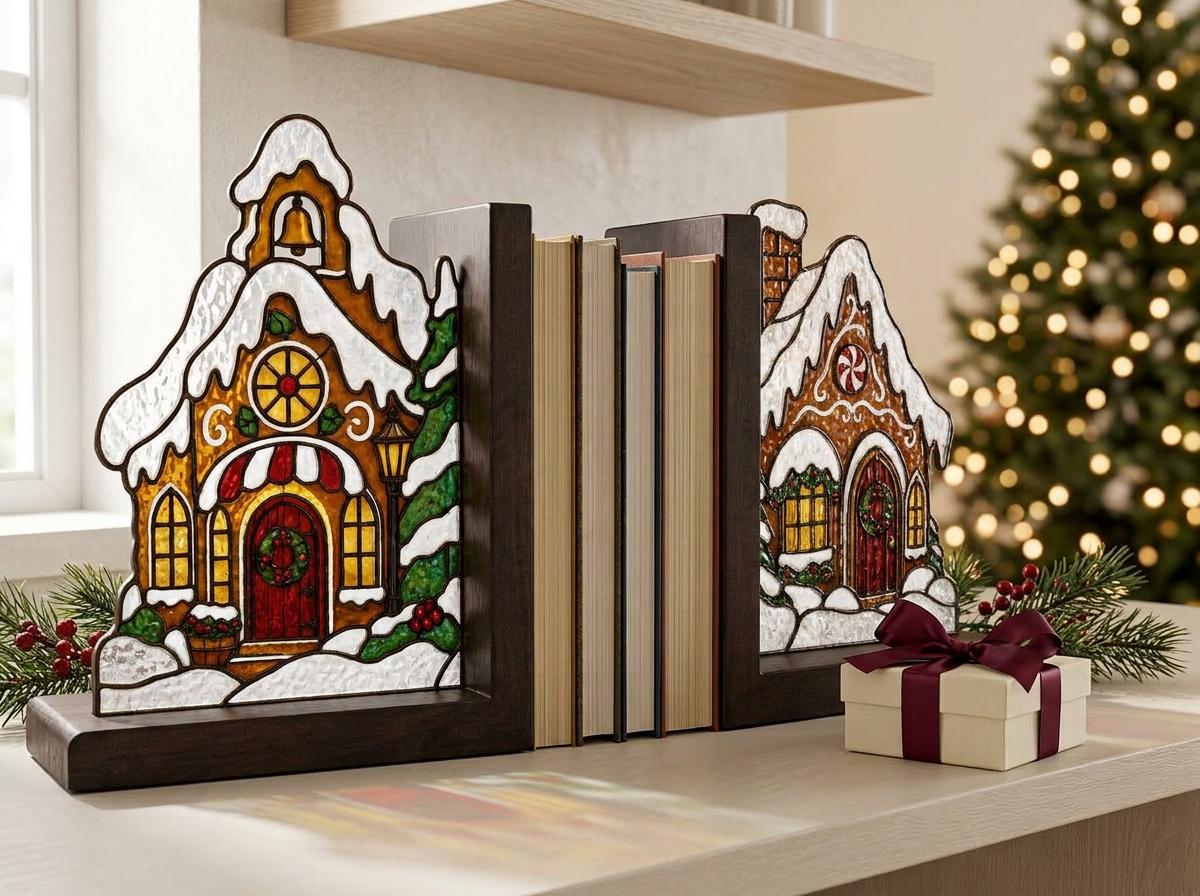 Angled view of the christmas gingerbread house glass artwork