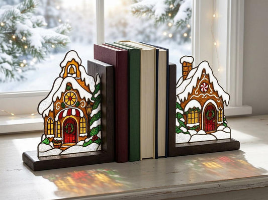 Christmas Gingerbread House Stained Glass Bookends with Wood Bases displayed in natural light
