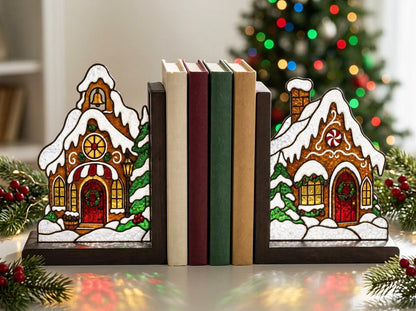Front view of the christmas gingerbread house stained glass bookend set