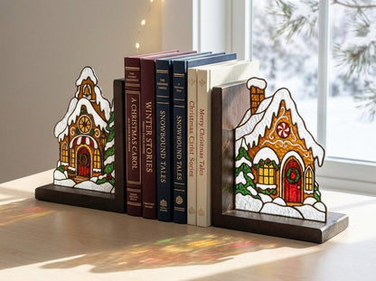 Christmas Gingerbread House bookend set arranged for indoor display