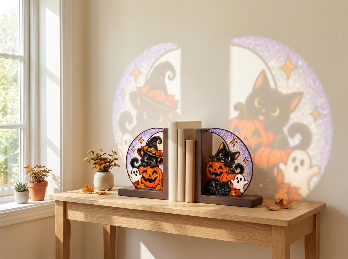 Angled view of the black cat pumpkin halloween glass artwork