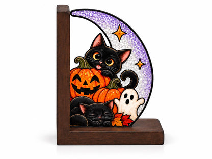 Front view of the black cat pumpkin halloween stained glass bookend set