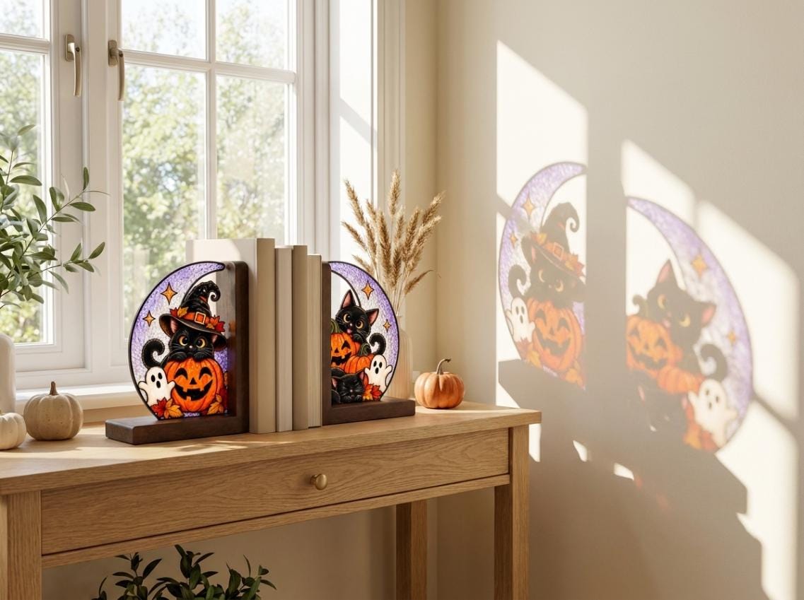 Close view showing color and texture in the black cat pumpkin halloween design