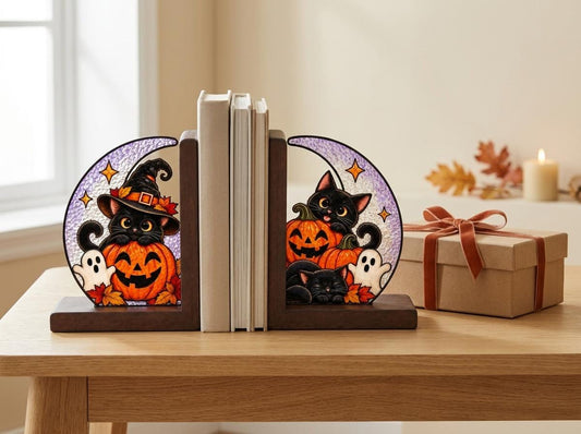 Black Cat Pumpkin Halloween Stained Glass Bookends with Wood Bases displayed in natural light