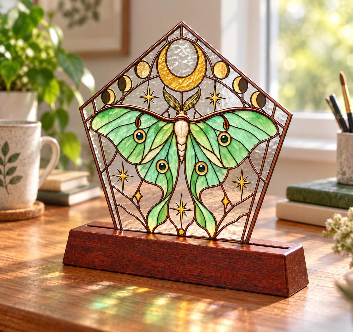 Front view of the luna moth stained glass tabletop glass decor