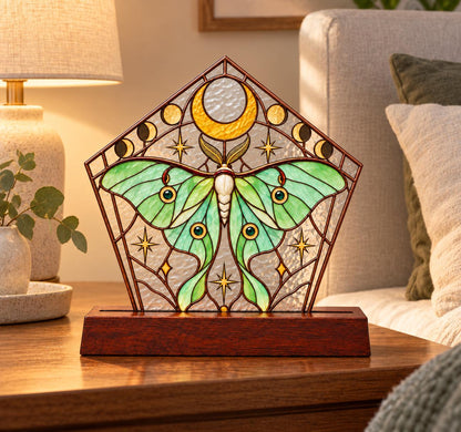 Angled view of the luna moth glass artwork