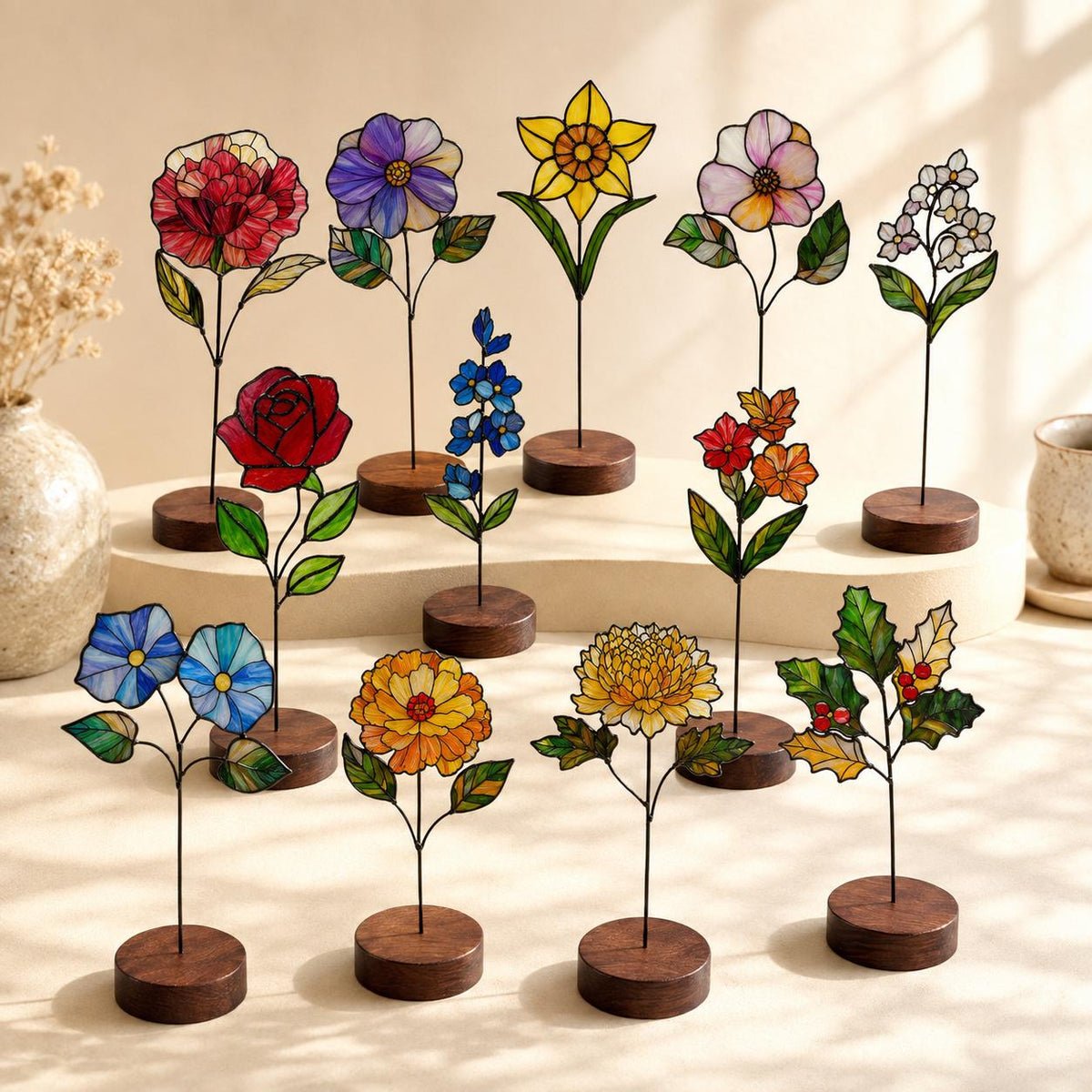 Birth Month Flower tabletop glass decor arranged for indoor display