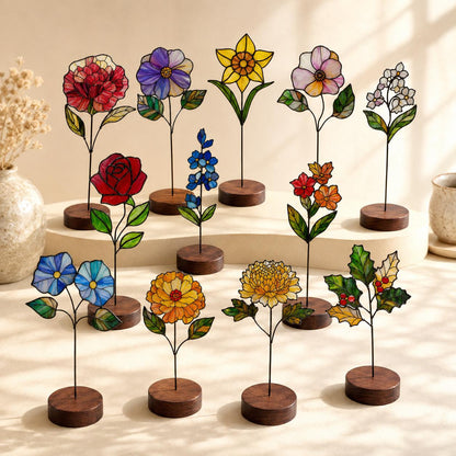 Birth Month Flower tabletop glass decor arranged for indoor display