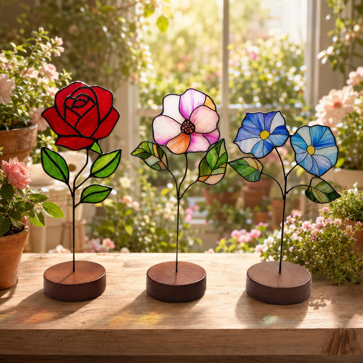 Angled view of the birth month flower glass artwork