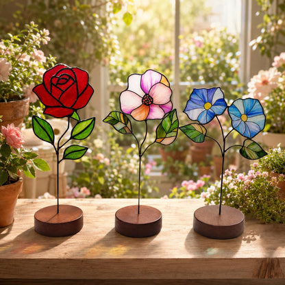 Angled view of the birth month flower glass artwork