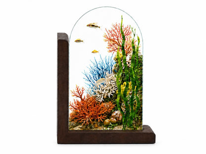 Ocean Coral Reef Stained Glass Bookends with Wood Bases displayed in natural light