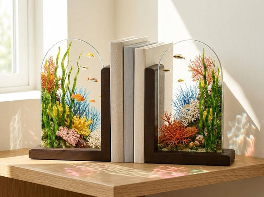 Ocean Coral Reef Stained Glass Bookends with Wood Bases displayed in natural light