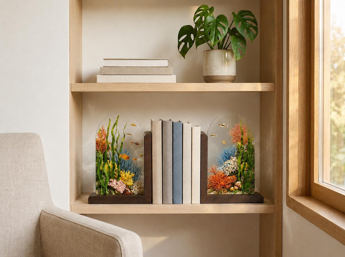 Ocean Coral Reef glass bookend set near a bright window