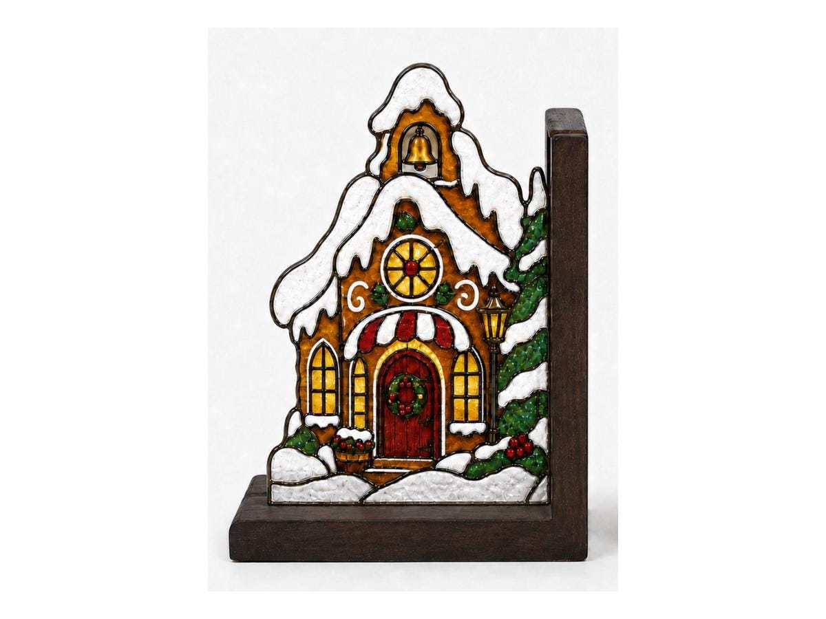 Angled view of the christmas gingerbread house glass artwork