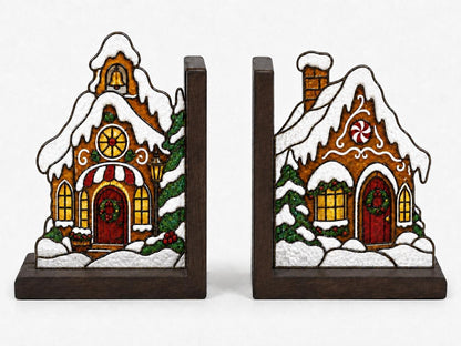 Christmas Gingerbread House stained glass bookend set in a styled home interior
