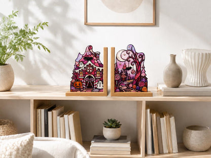 Pink Haunted House Halloween Stained Glass Bookends with Wood Bases displayed in natural light