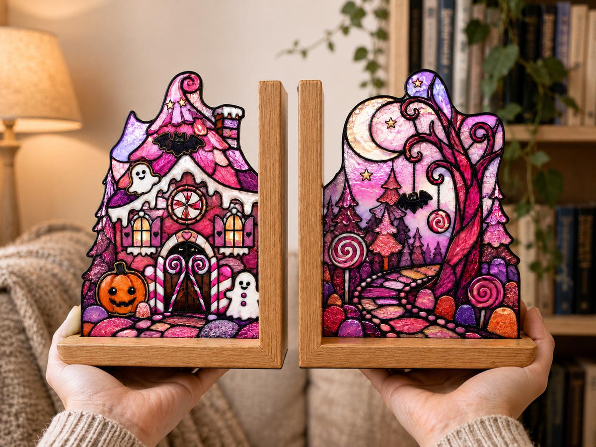Pink Haunted House Halloween glass bookend set near a bright window