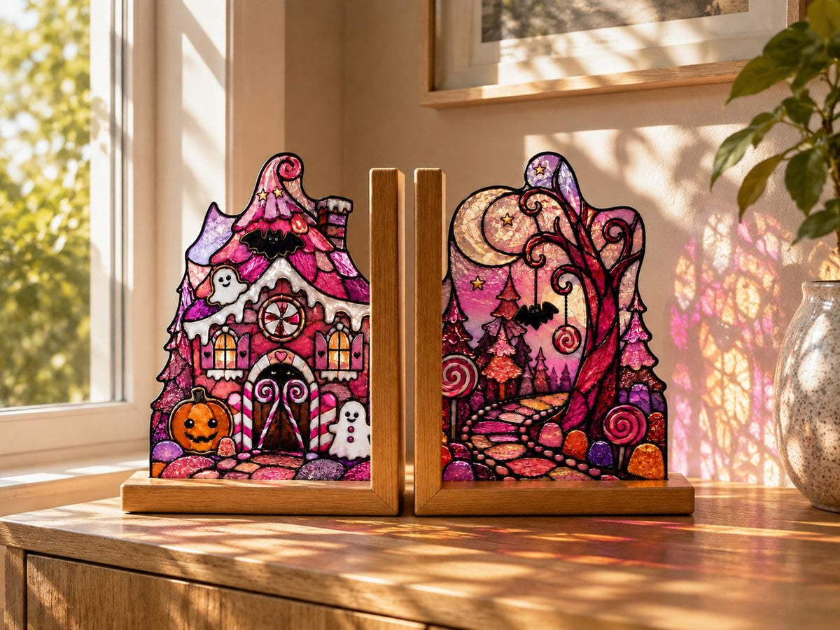 Additional view of the pink haunted house halloween glass design
