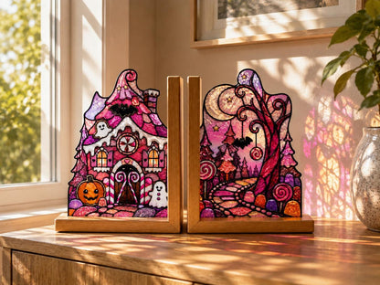 Additional view of the pink haunted house halloween glass design