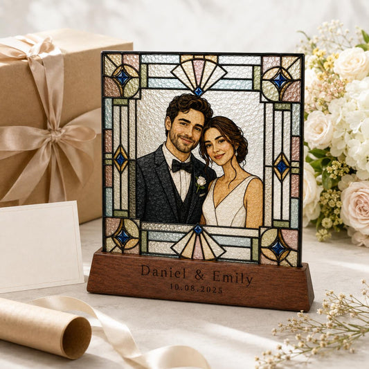 Personalized Photo Portrait Plaque Stained Glass Tabletop Decor with Wood Base displayed in natural light