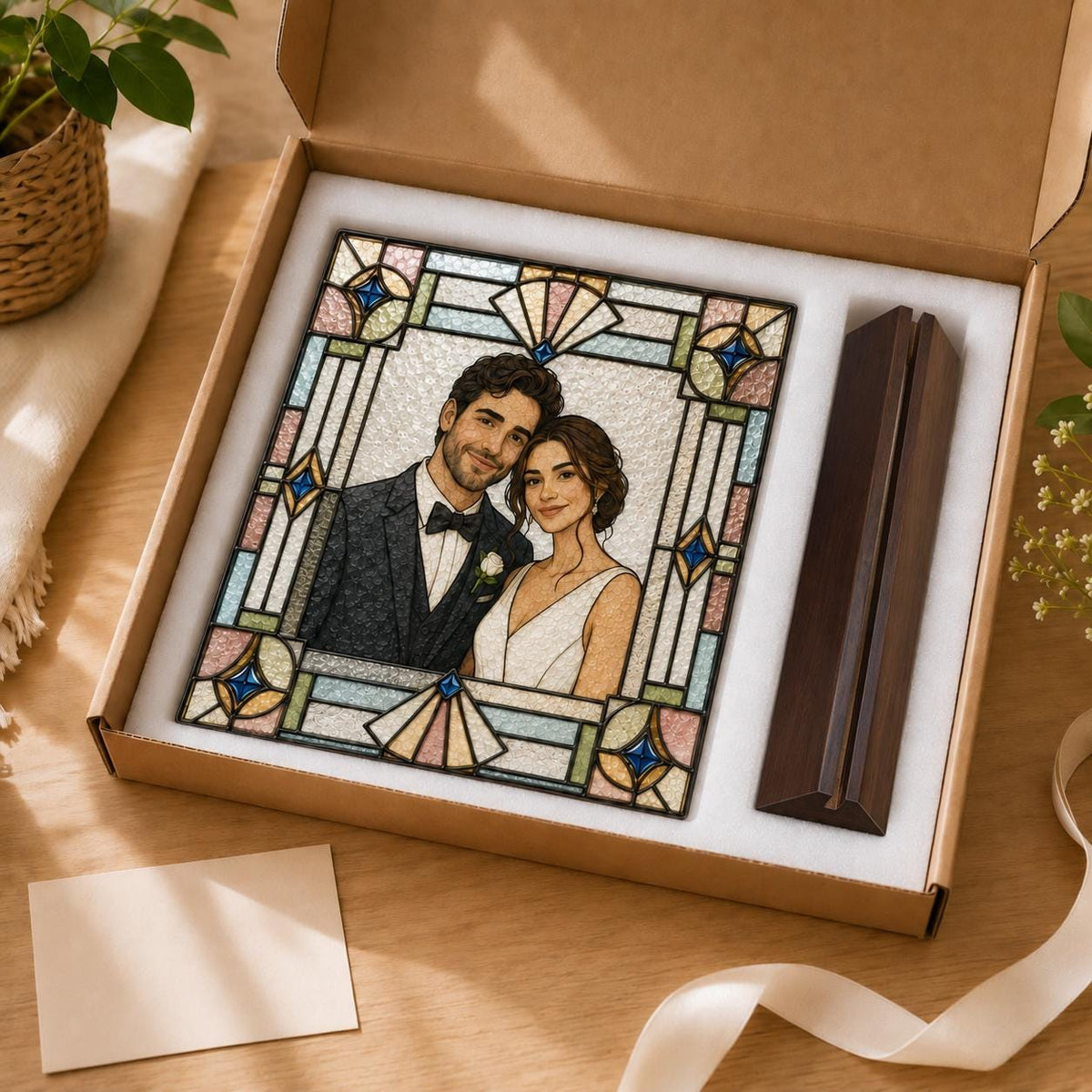 Detail view of the personalized photo portrait plaque stained glass artwork