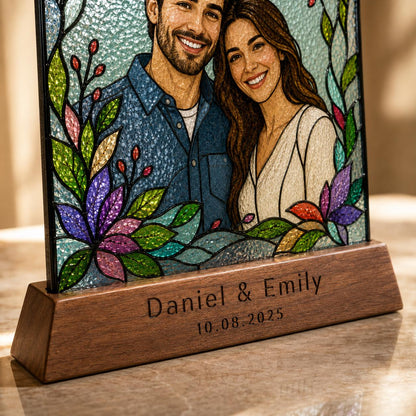 Close view showing color and texture in the personalized photo portrait plaque design