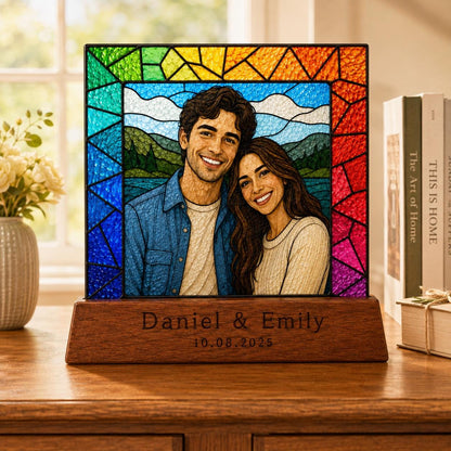 Personalized Photo Portrait Plaque stained glass tabletop glass decor in a styled home interior