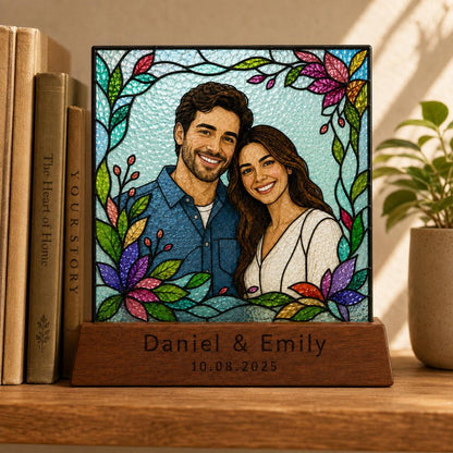 Angled view of the personalized photo portrait plaque glass artwork