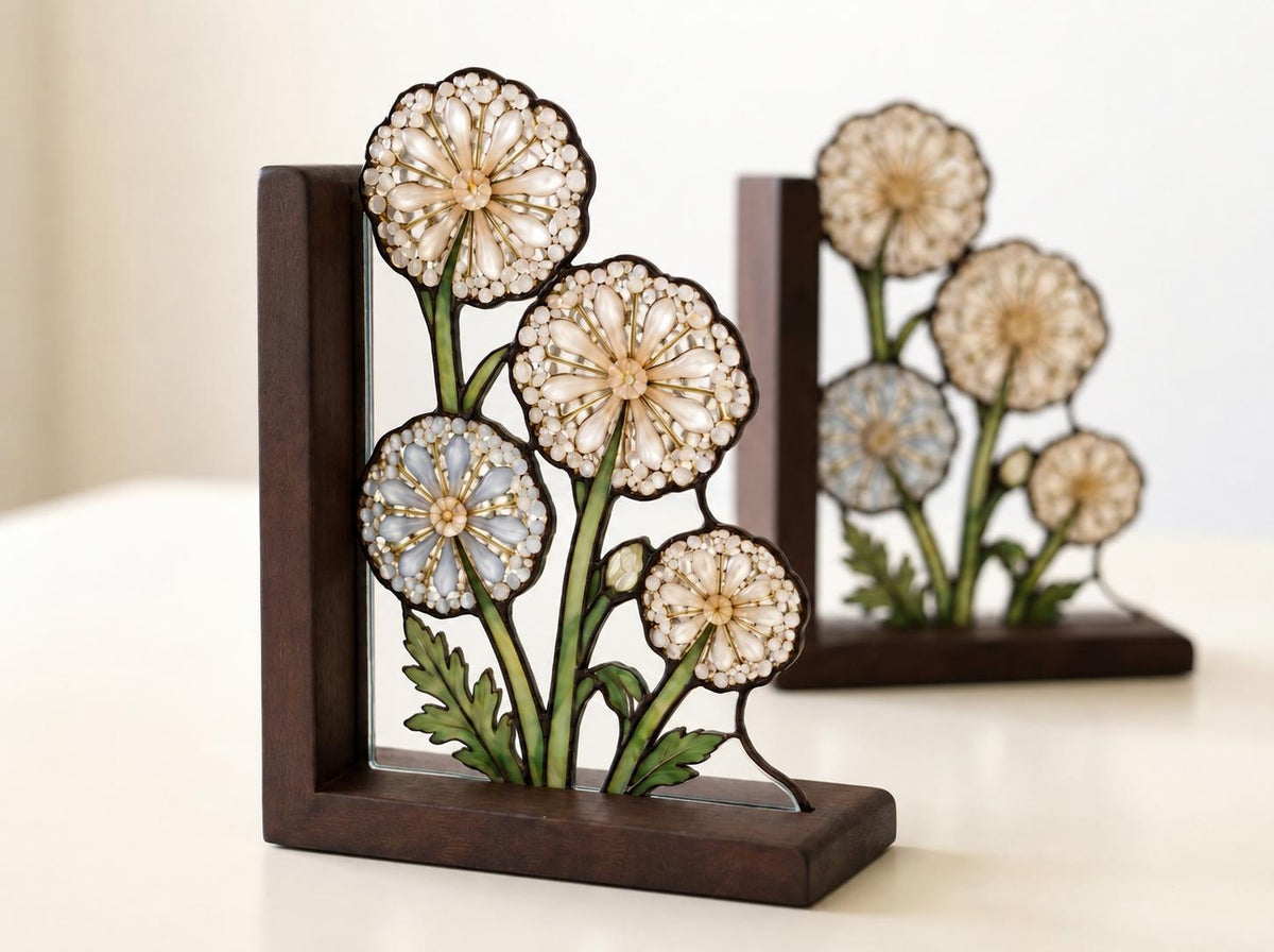Dandelion Floral glass bookend set near a bright window