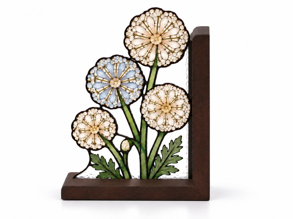 Dandelion Floral Stained Glass Bookends with Wood Bases displayed in natural light