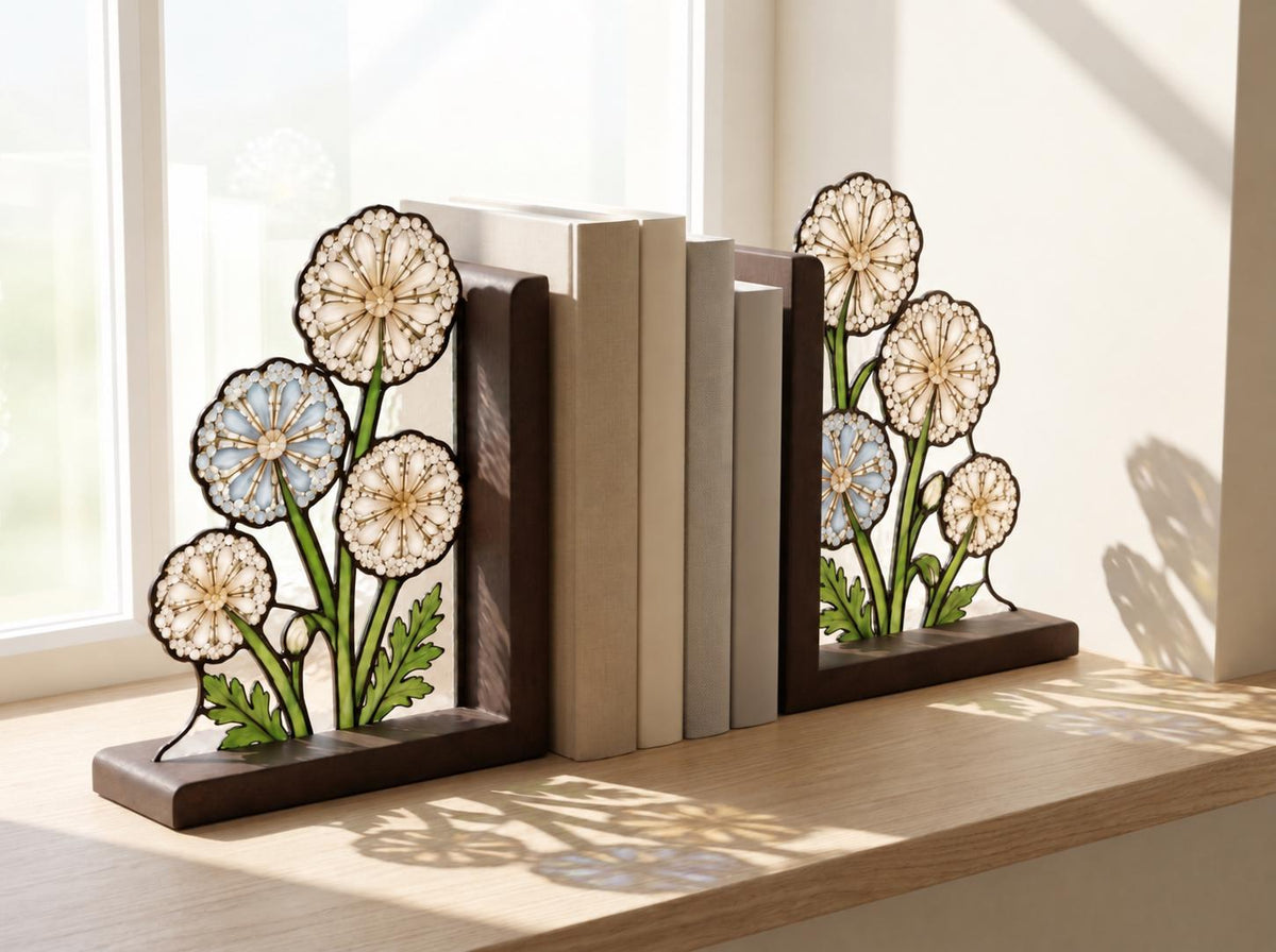 Front view of the dandelion floral stained glass bookend set