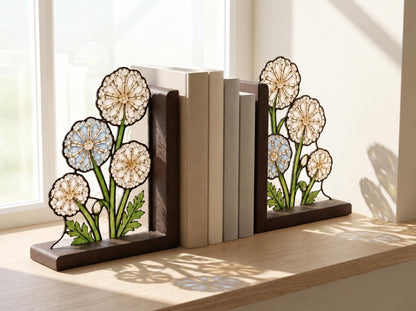 Front view of the dandelion floral stained glass bookend set
