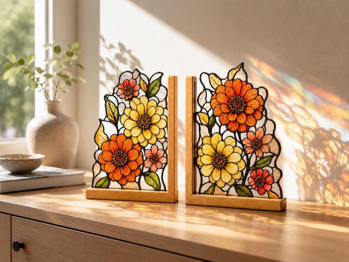 Botanical Flower glass bookend set near a bright window