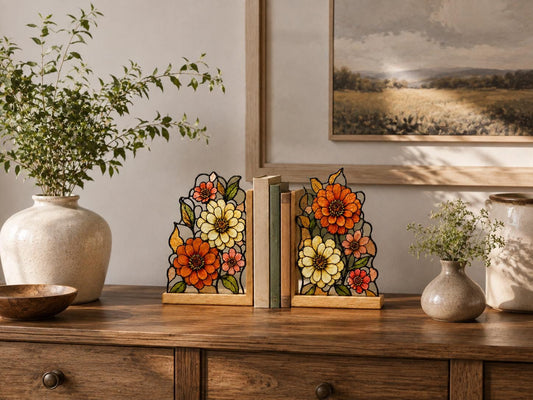 Botanical Flower Stained Glass Bookends with Wood Bases displayed in natural light