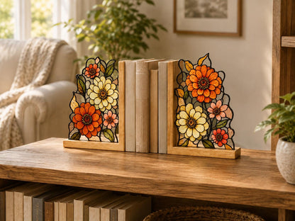 Botanical Flower bookend set arranged for indoor display