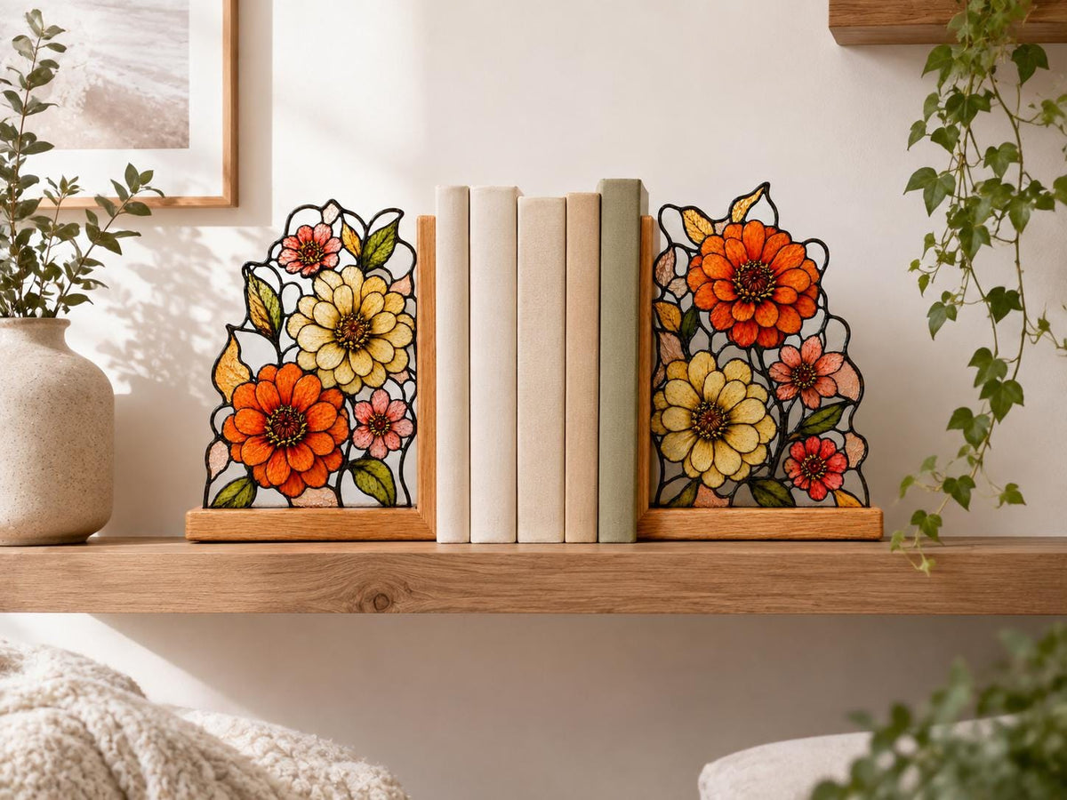 Front view of the botanical flower stained glass bookend set